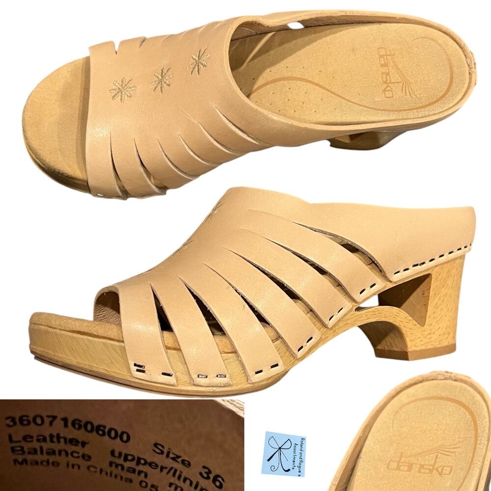 Dansko Nude Tilly Leather Wood Cut-out Wedge Clogs Sz 36
